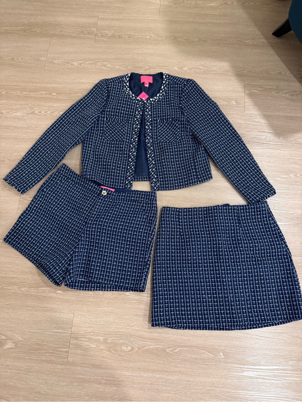 Lilly Pulitzer Navy and White Pearl-Embellished Tweed Jacket Set